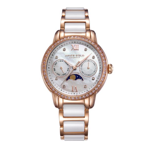 ARIES GOLD ENCHANT LUNA ROSE GOLD STAINLESS STEEL L 58010L RG-MP WHITE CERAMIC WOMEN'S WATCH